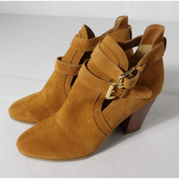 Michael Kors Walden Sz 10 Suede Bootie Acorn Brown Buckles Chunky Heel NWT - Picture 1 of 16